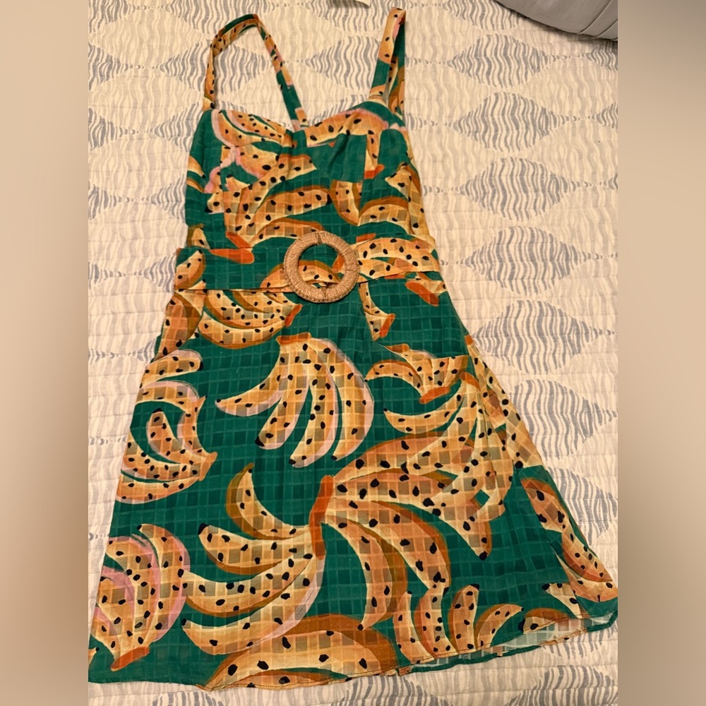FArm Rio - FUN Banana Print Green Sundress with Woven Belt